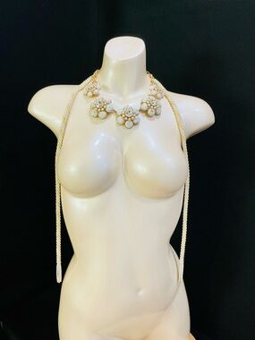 Gold & White Floral Statement Necklace & Cream & Gold Swirl Pearl Tassel Lariat